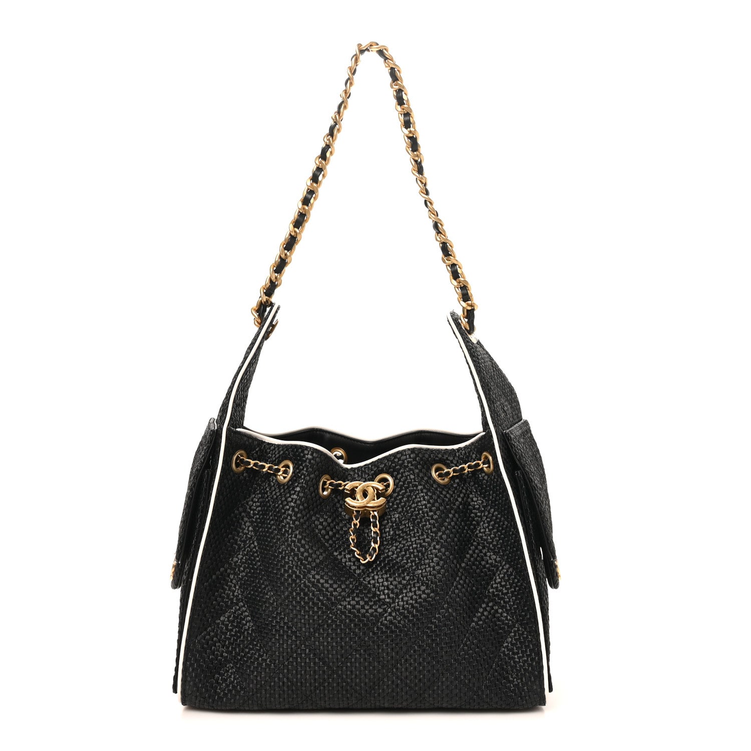 Chanel Braided Raffia Calfskin Quilted Small Chanel 25 Handbag Black White 1 of 9