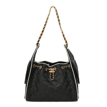 Chanel Braided Raffia Calfskin Quilted Small Chanel 25 Handbag Black White 1 of 9