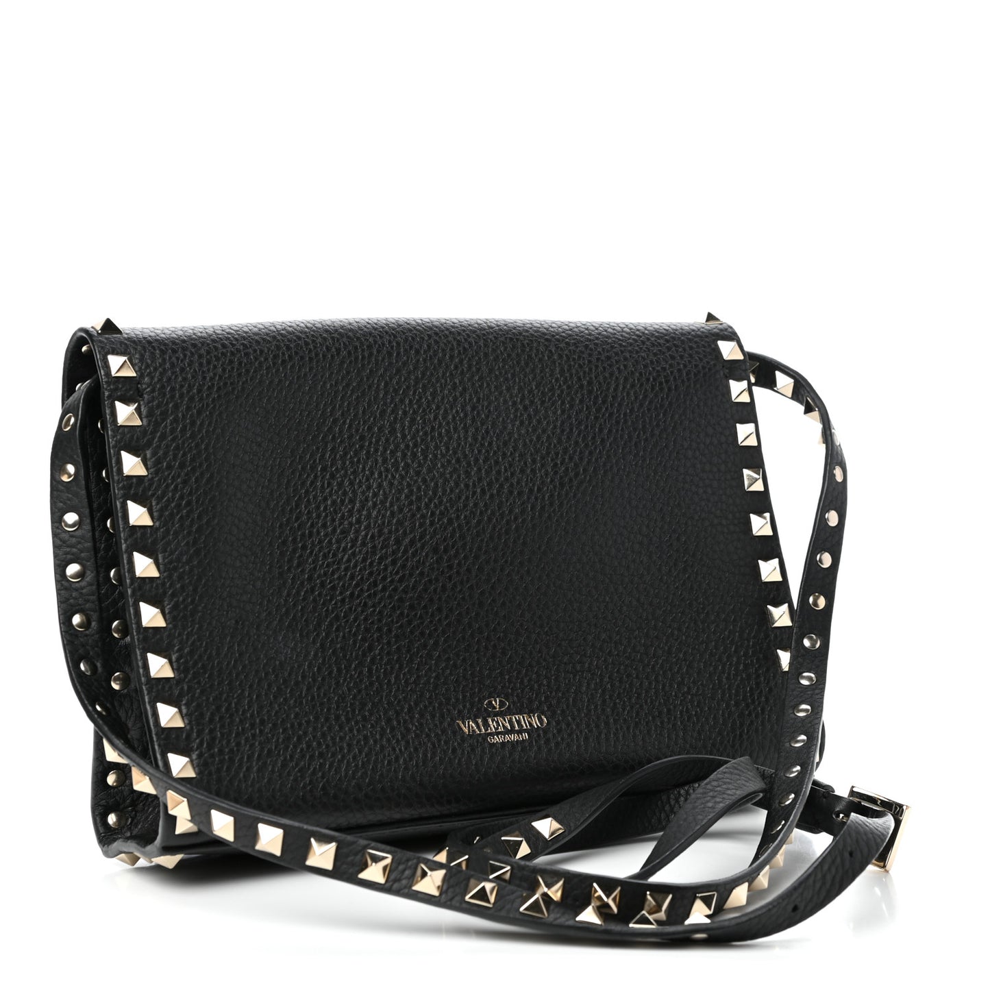 Pebbled Calfskin Medium Rockstud Flip Lock Crossbody Bag Black