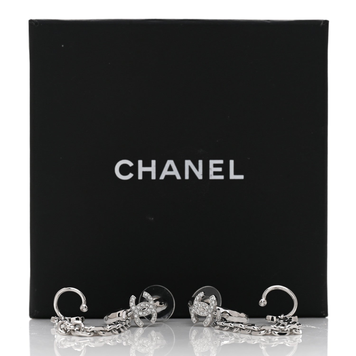 Chanel Crystal Chain CC Climber Earrings Silver 5 of 5