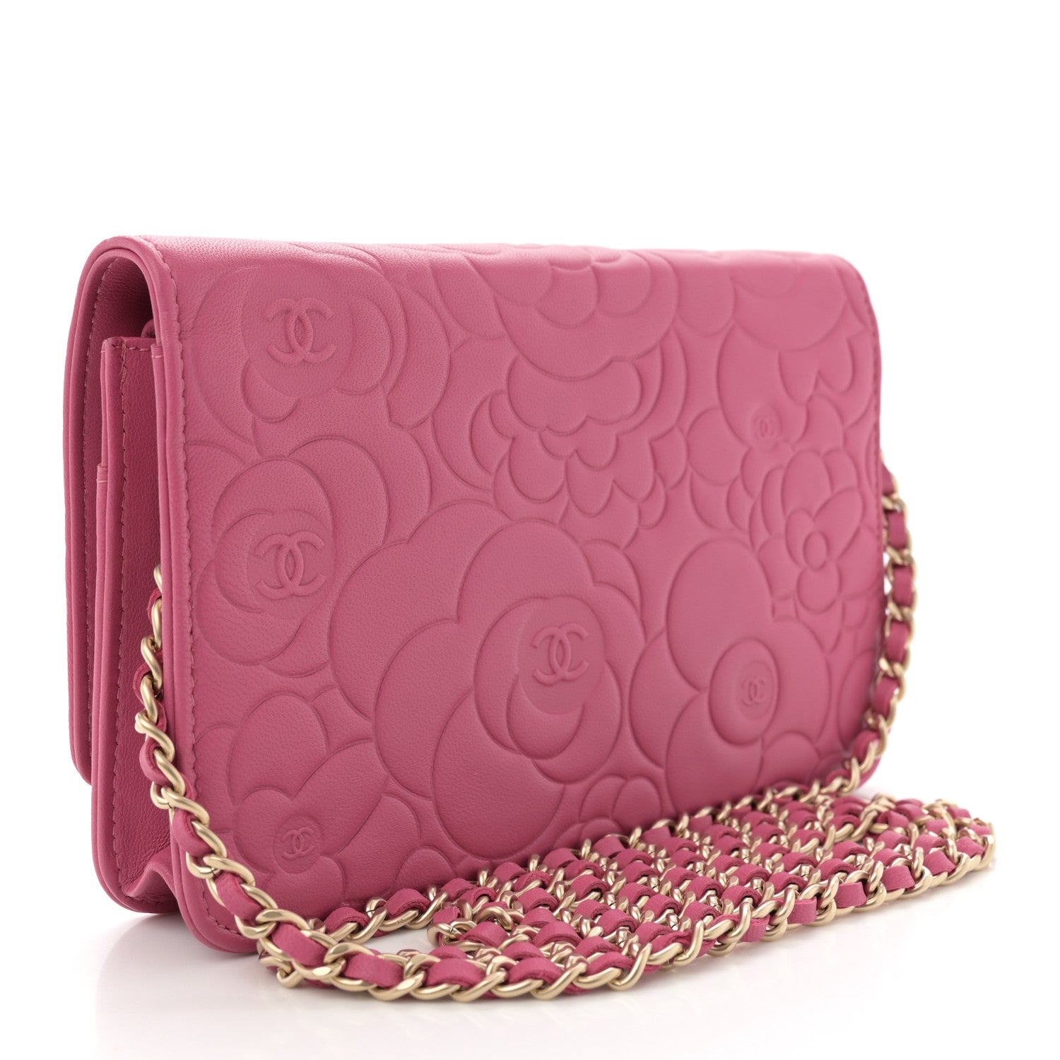 Chanel Lambskin Camellia Embossed Wallet on Chain WOC Pink 3 of 10