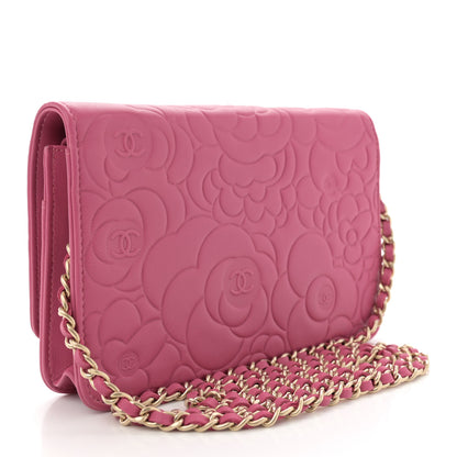 Chanel Lambskin Camellia Embossed Wallet on Chain WOC Pink 3 of 10
