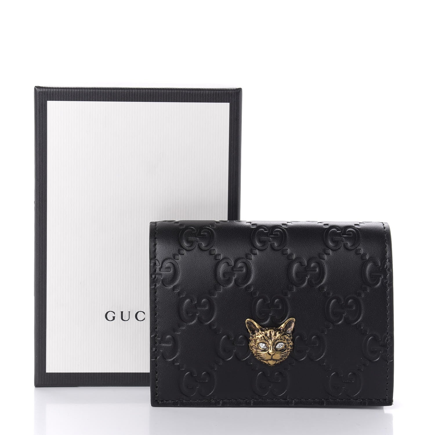 Gucci Guccissima Signature Crystal Cat Card Case Wallet Black 8 of 8