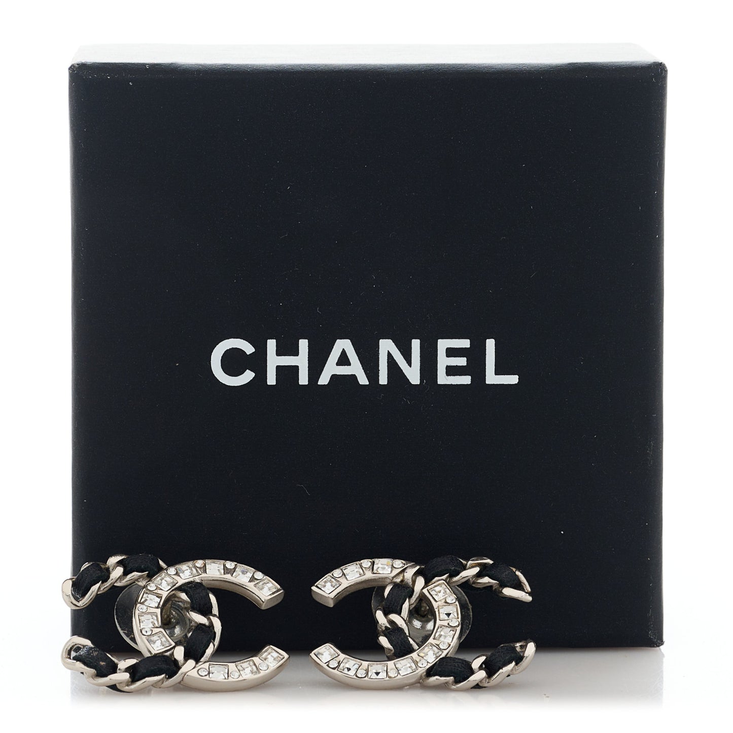 Crystal Baguette Lambskin Chain CC Vintage Allure Stud Earrings Black Silver