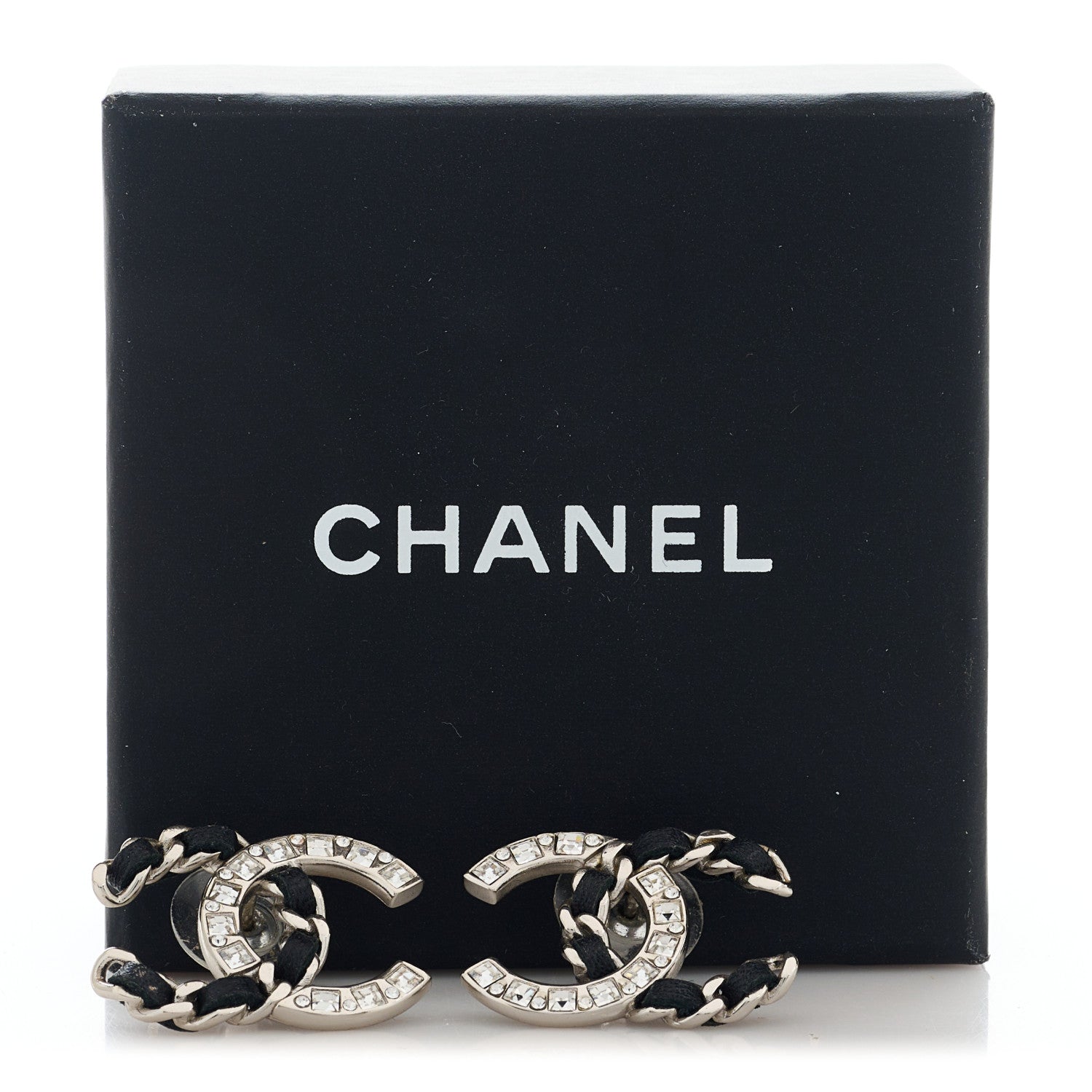Chanel Crystal Baguette Lambskin Chain CC Vintage Allure Stud Earrings Black Silver 5 of 5