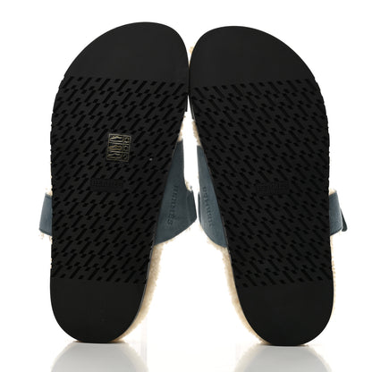 Hermes Suede Goatskin Woolskin Womens Chypre Sandals 38.5 Bleu Pinede Ecru 5 of 8