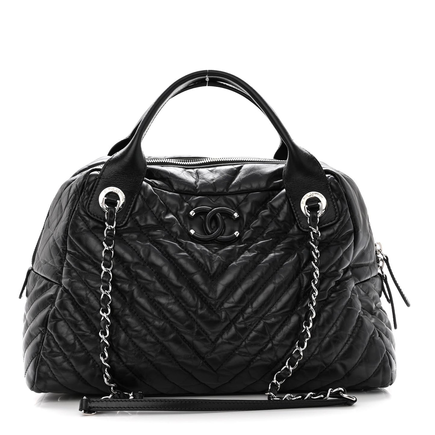 Aged Calfskin Chevron Medium Soft Bowling Bag Black