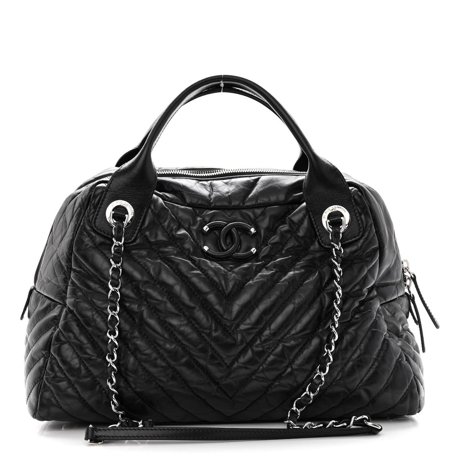 Chanel Aged Calfskin Chevron Medium Soft Bowling Bag Black 1 of 10