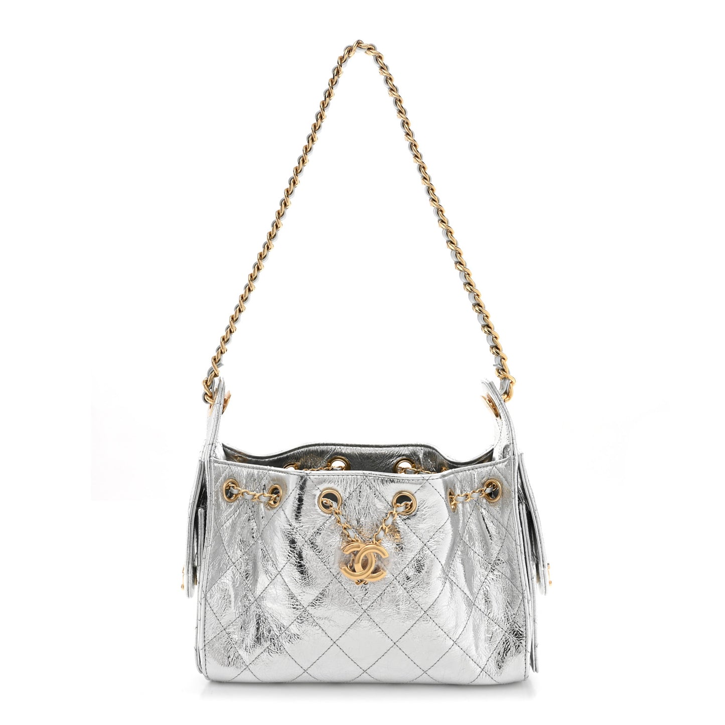 Metallic Aged Calfskin Quilted Mini Chanel 25 Handbag Silver