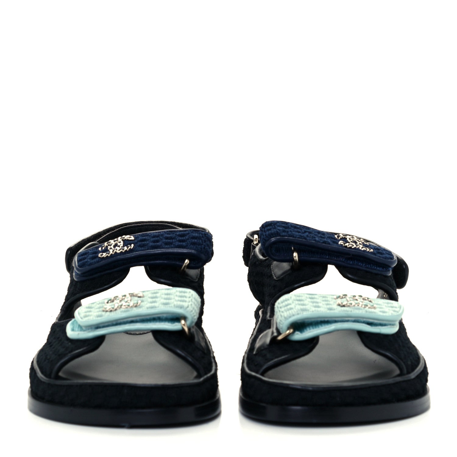 Chanel Knit Fabric Velcro Dad Sandals 39 Black Dark Blue Light Blue 3 of 12