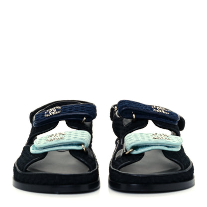 Chanel Knit Fabric Velcro Dad Sandals 39 Black Dark Blue Light Blue 3 of 12