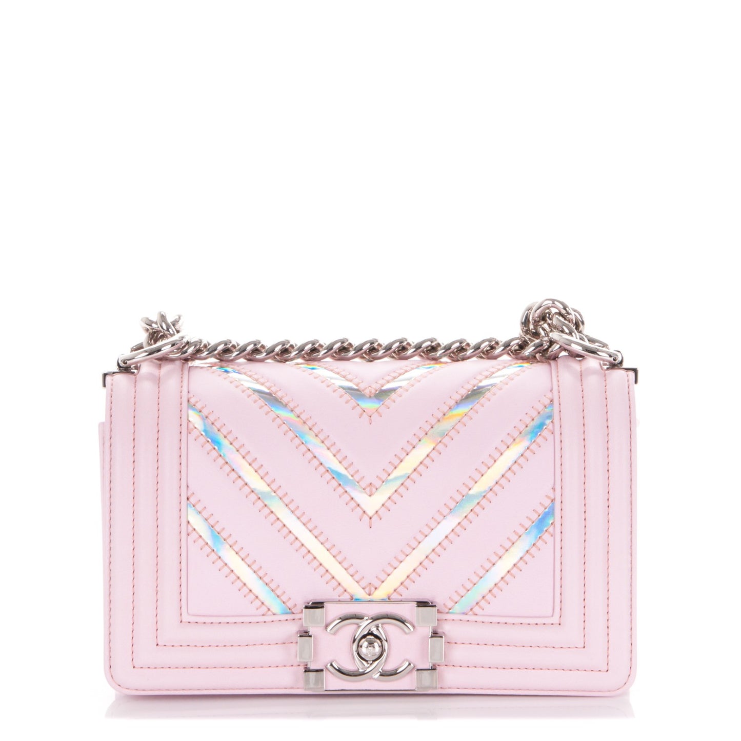 Lambskin Iridescent PVC Chevron Quilted Small Boy Flap Light Pink Silver