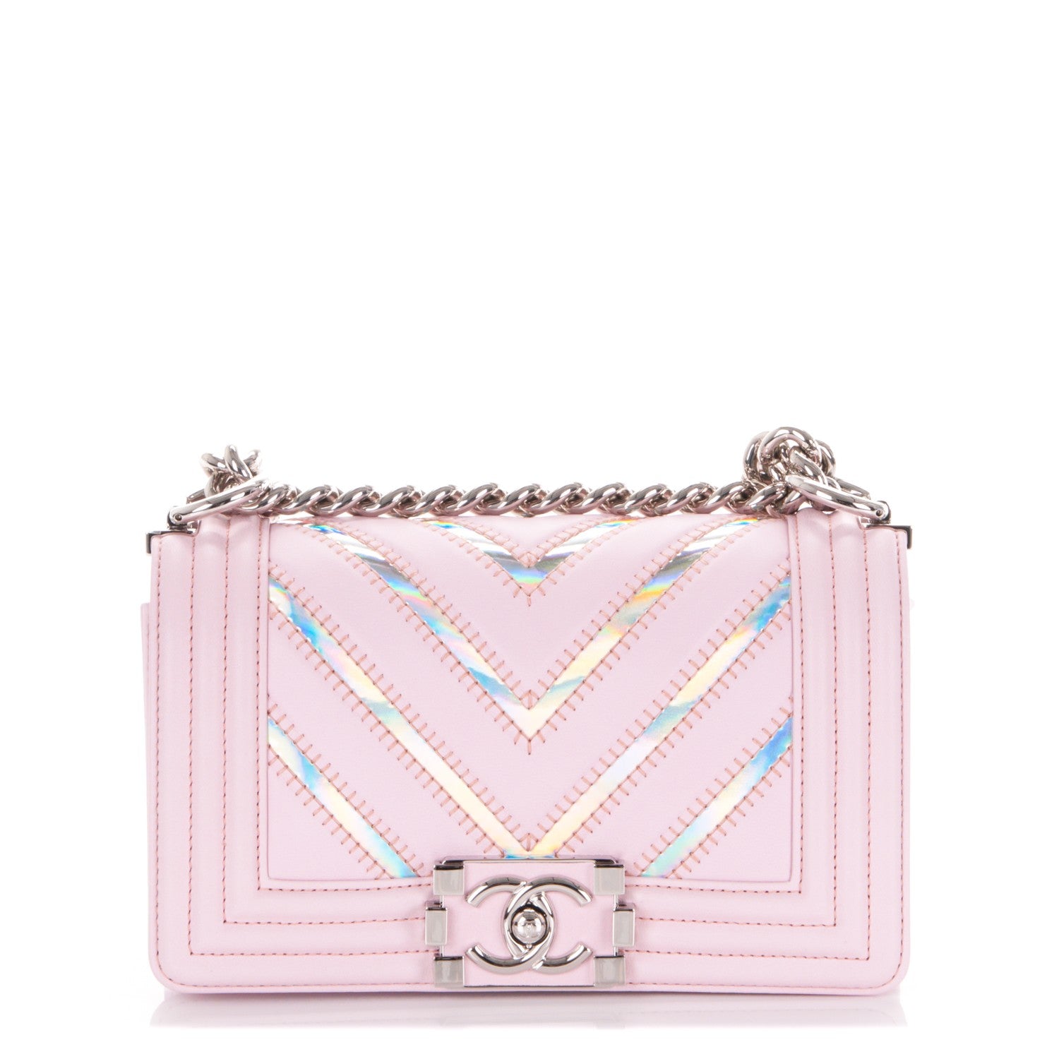 Chanel Lambskin Iridescent PVC Chevron Quilted Small Boy Flap Light Pink Silver 2 of 15