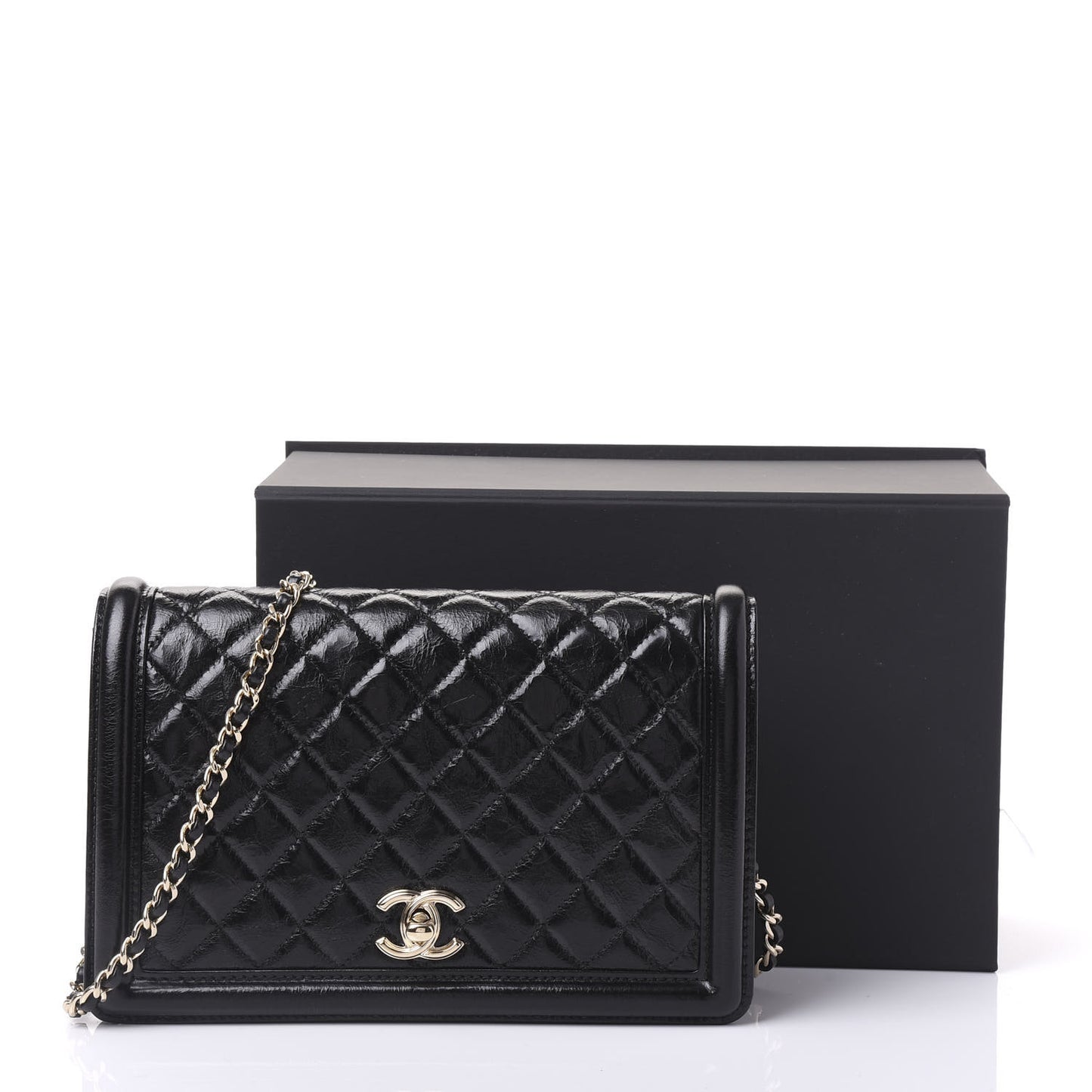 Glazed Crackled Calfskin Wallet On Chain WOC Black