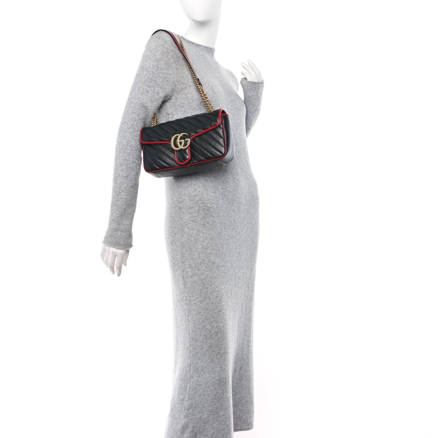 Vintage Effect Calfskin Matelasse Diagonal Small Torchon GG Marmont Shoulder Bag Black Romantic Cherry