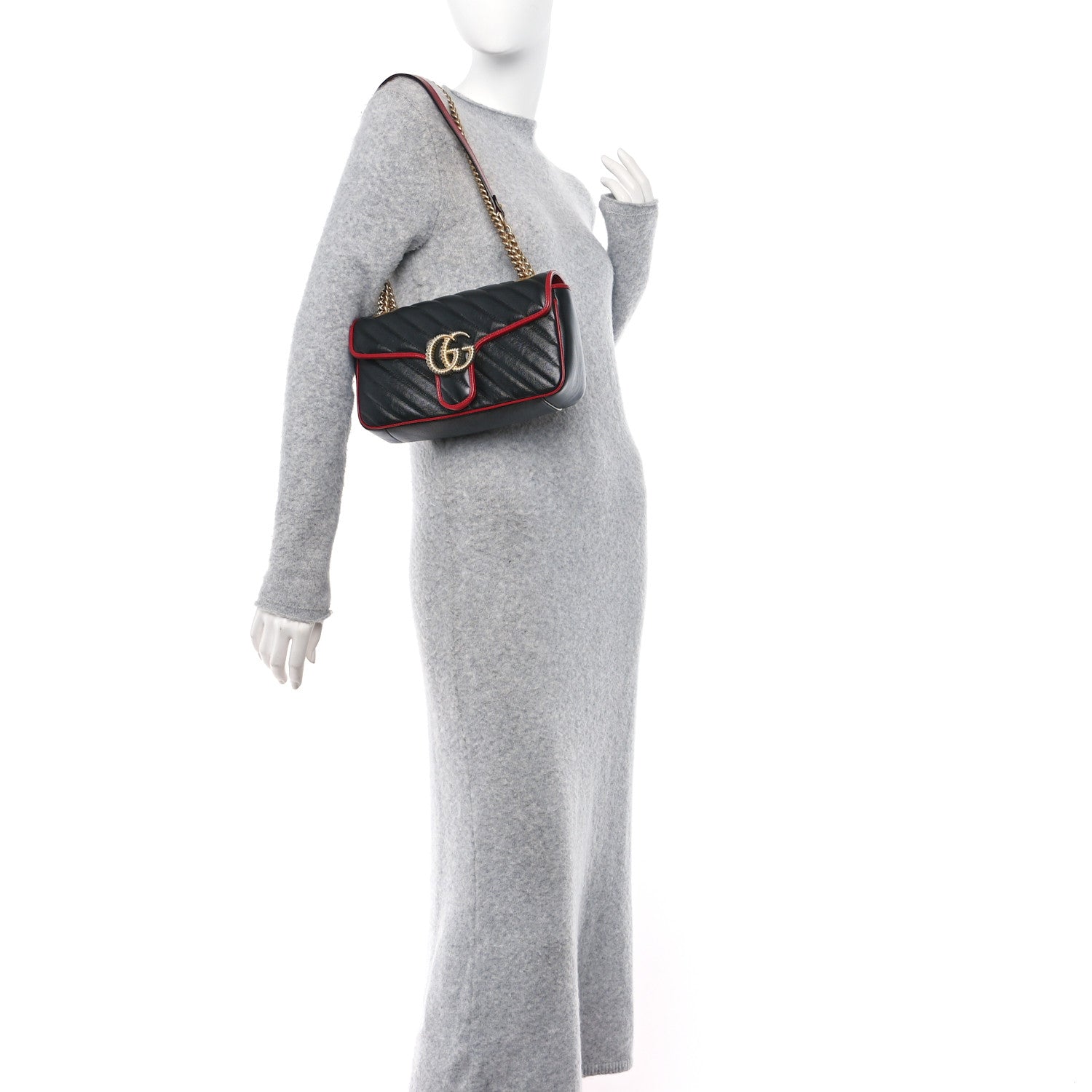 Gucci Vintage Effect Calfskin Matelasse Diagonal Small Torchon GG Marmont Shoulder Bag Black Romantic Cherry 2 of 10