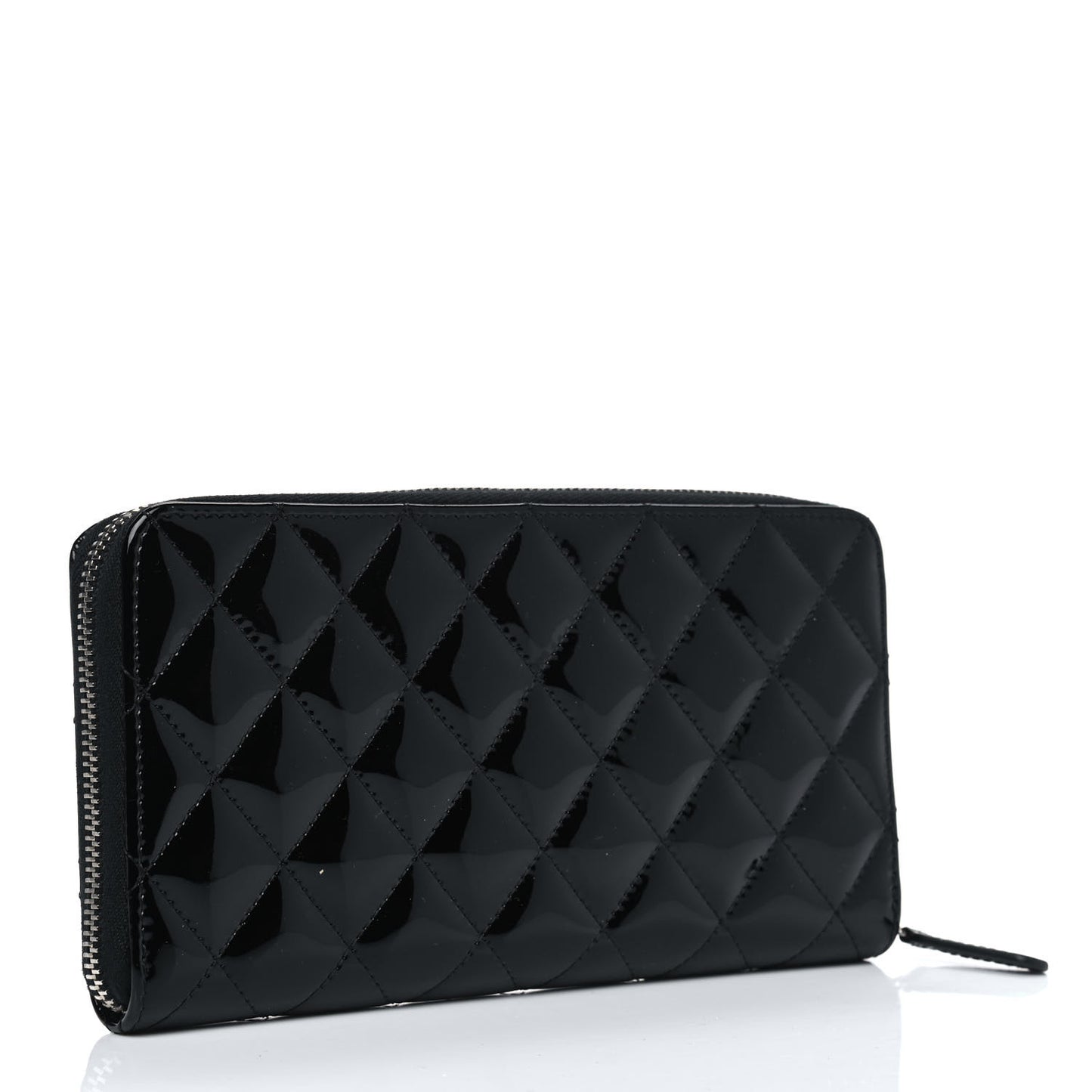 Patent Quilted Large Gusset Zip Around Wallet Black