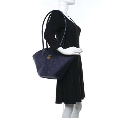 MCM Nylon Monogram Calfskin Tote Navy 2 of 12