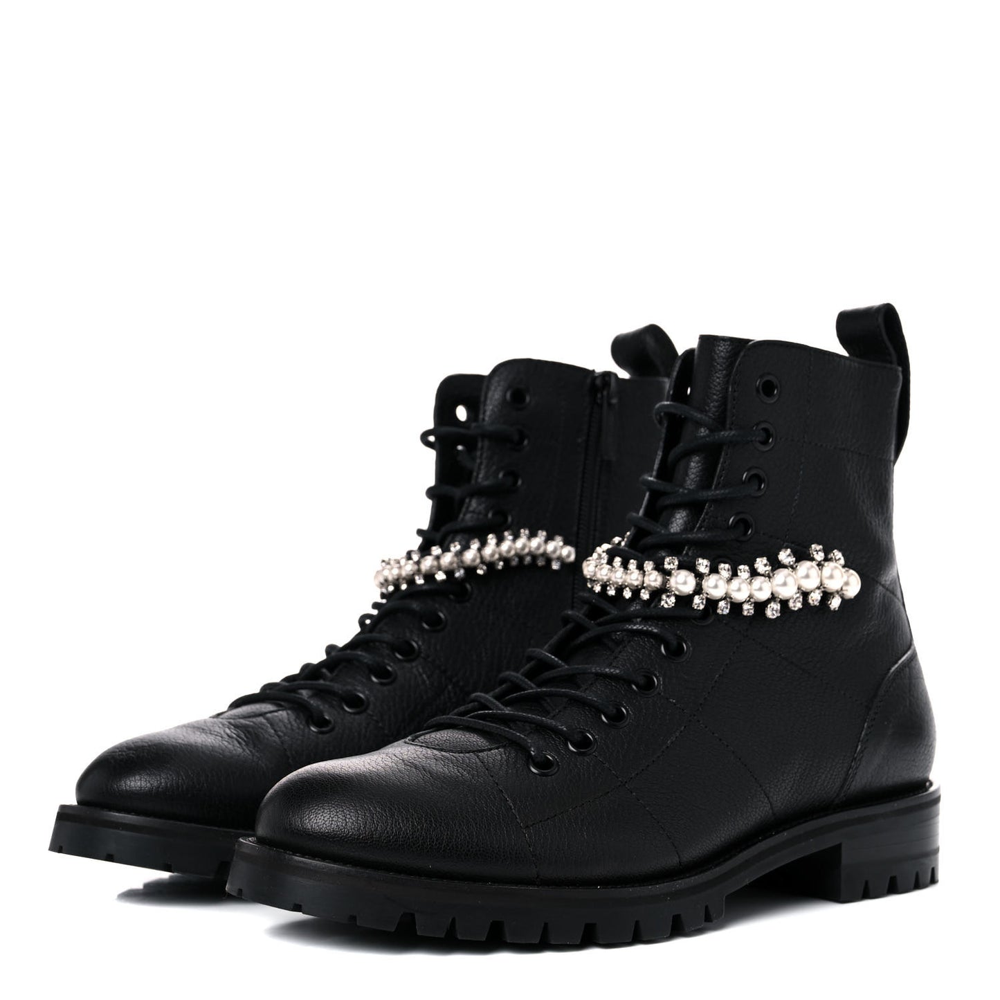 Grained Calfskin Crystal Embellished Cruz Combat Boots 38 Black