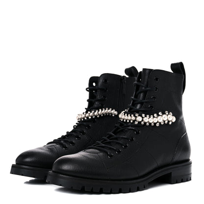 Jimmy Choo Grained Calfskin Crystal Embellished Cruz Combat Boots 38 Black 3 of 7