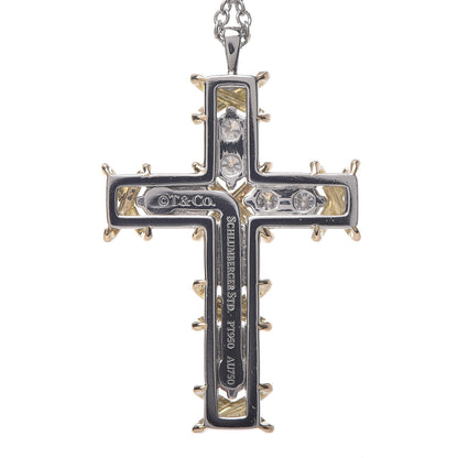 Tiffany Platinum 18K Yellow Gold Diamond Schlumberger Cross Pendant Necklace 5 of 8
