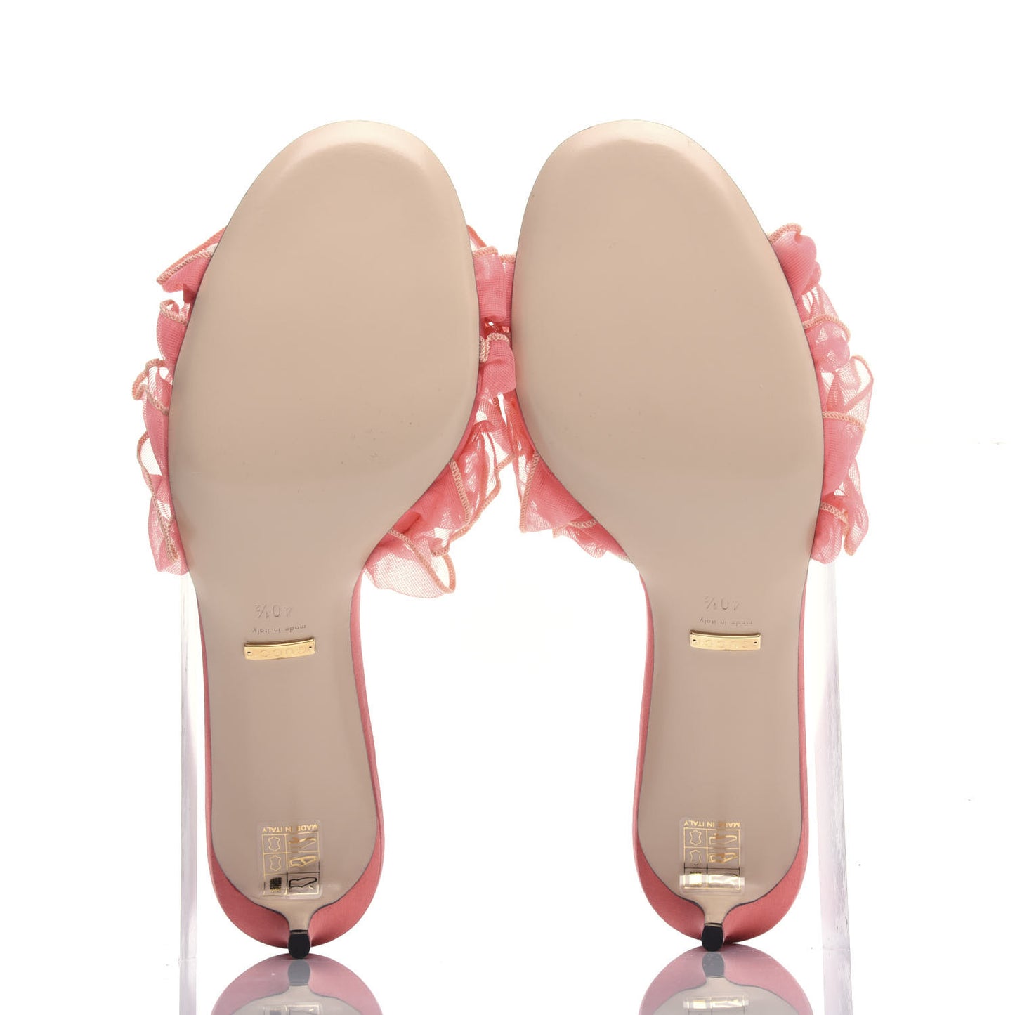 Tulle Ruffle Low Heel Slide Sandals 40.5 Peach White