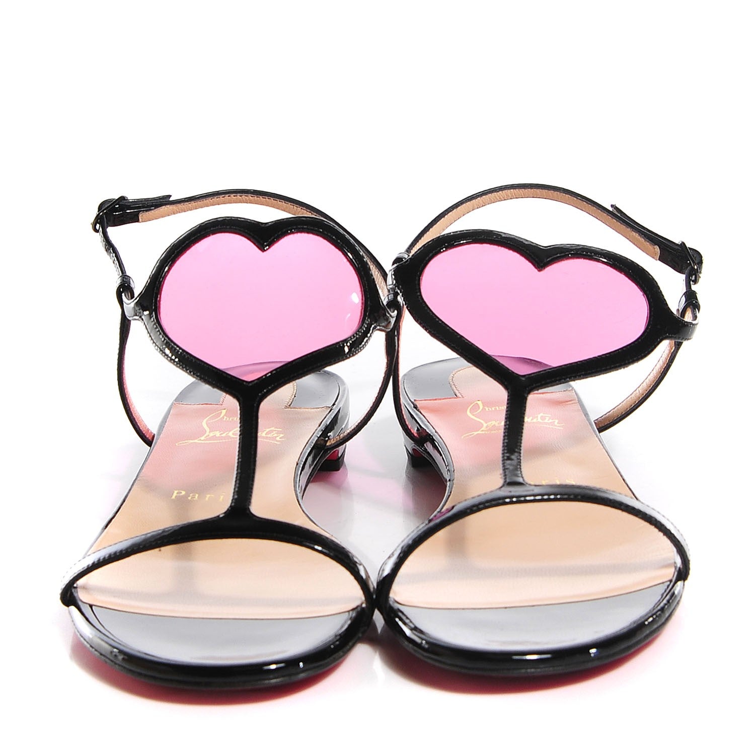 Christian Louboutin Patent PVC Cora Heart Flat Sandals 38.5 Pink Black 2 of 6