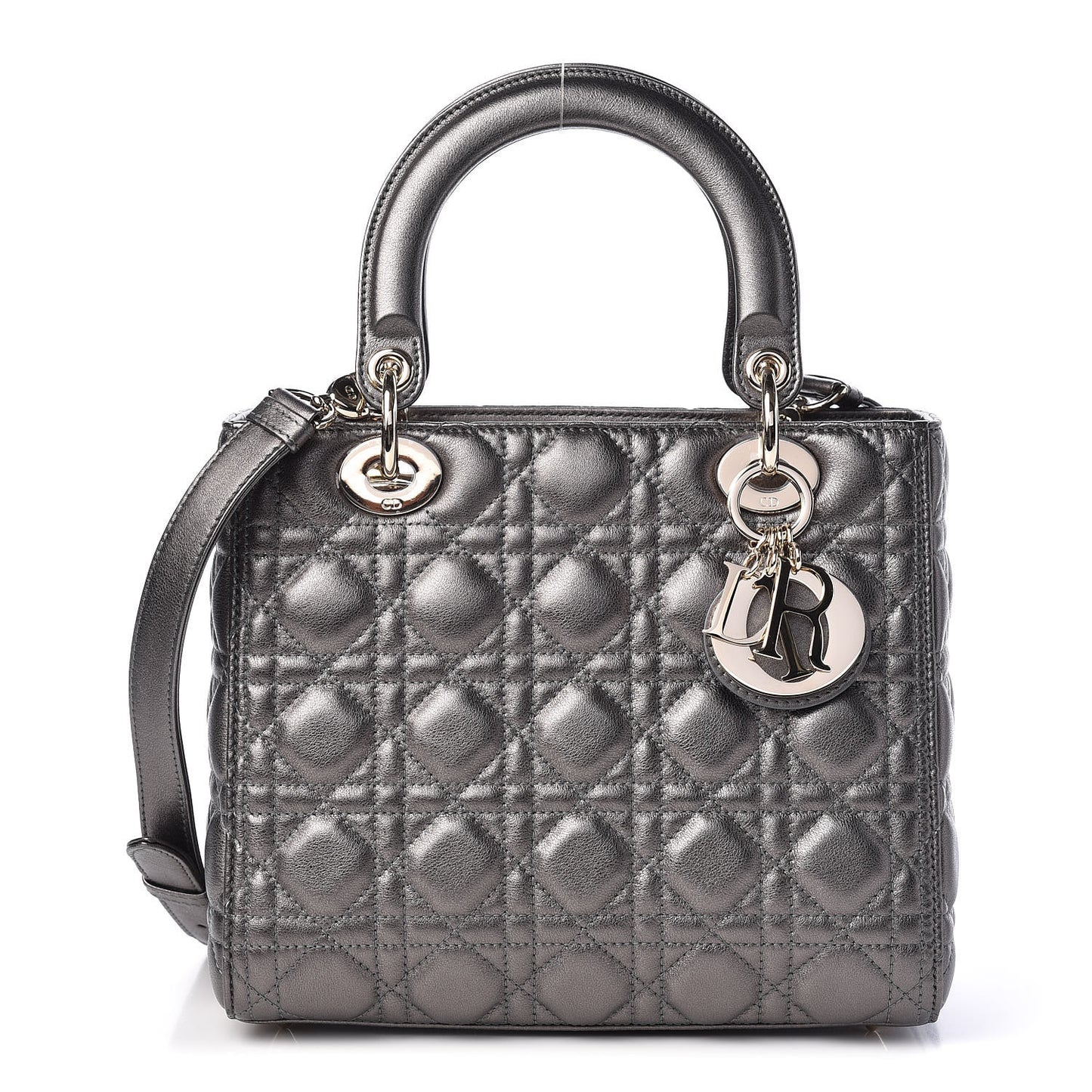 Metallic Lambskin Cannage Medium Lady Dior Gunmetal
