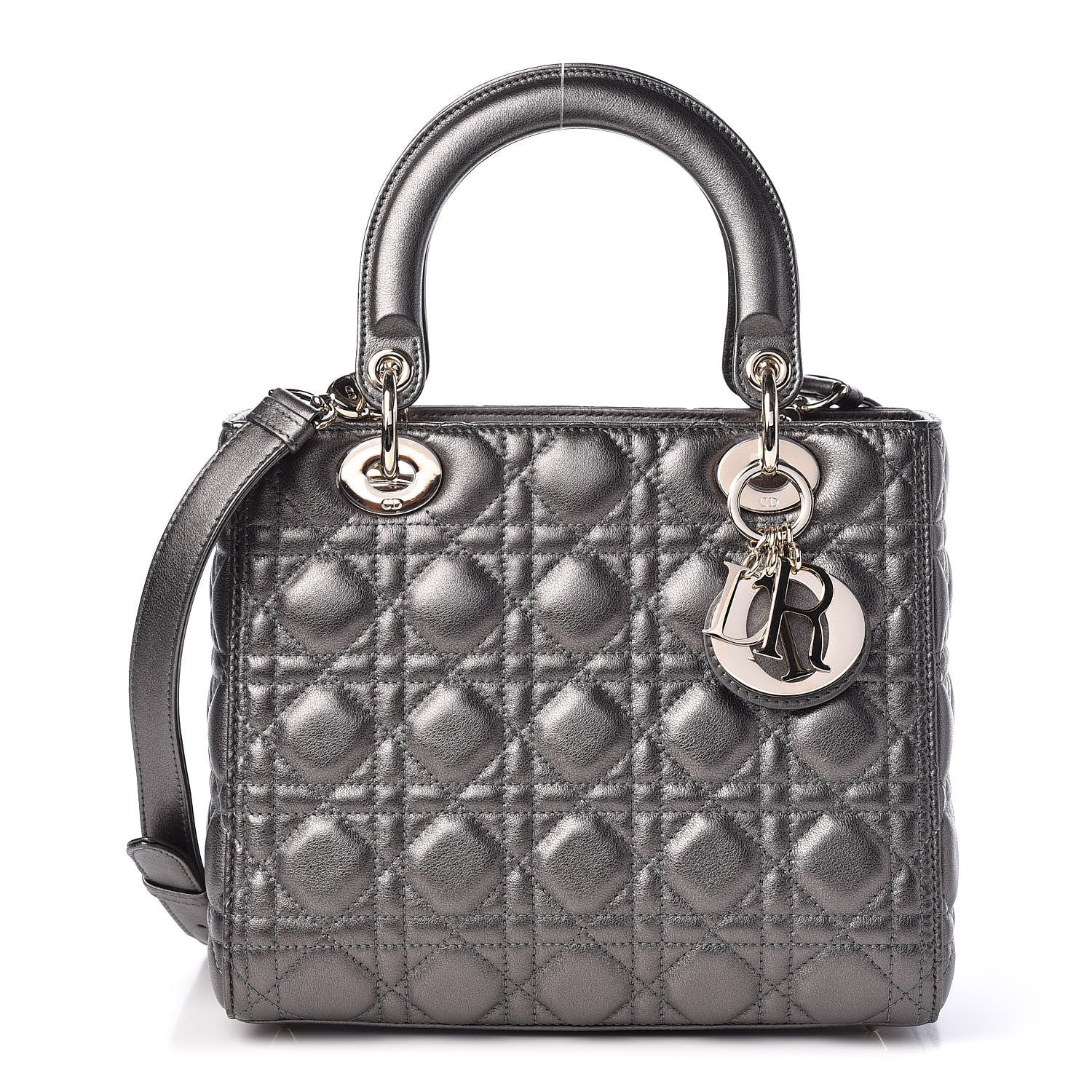 Christian Dior Metallic Lambskin Cannage Medium Lady Dior Gunmetal 1 of 10