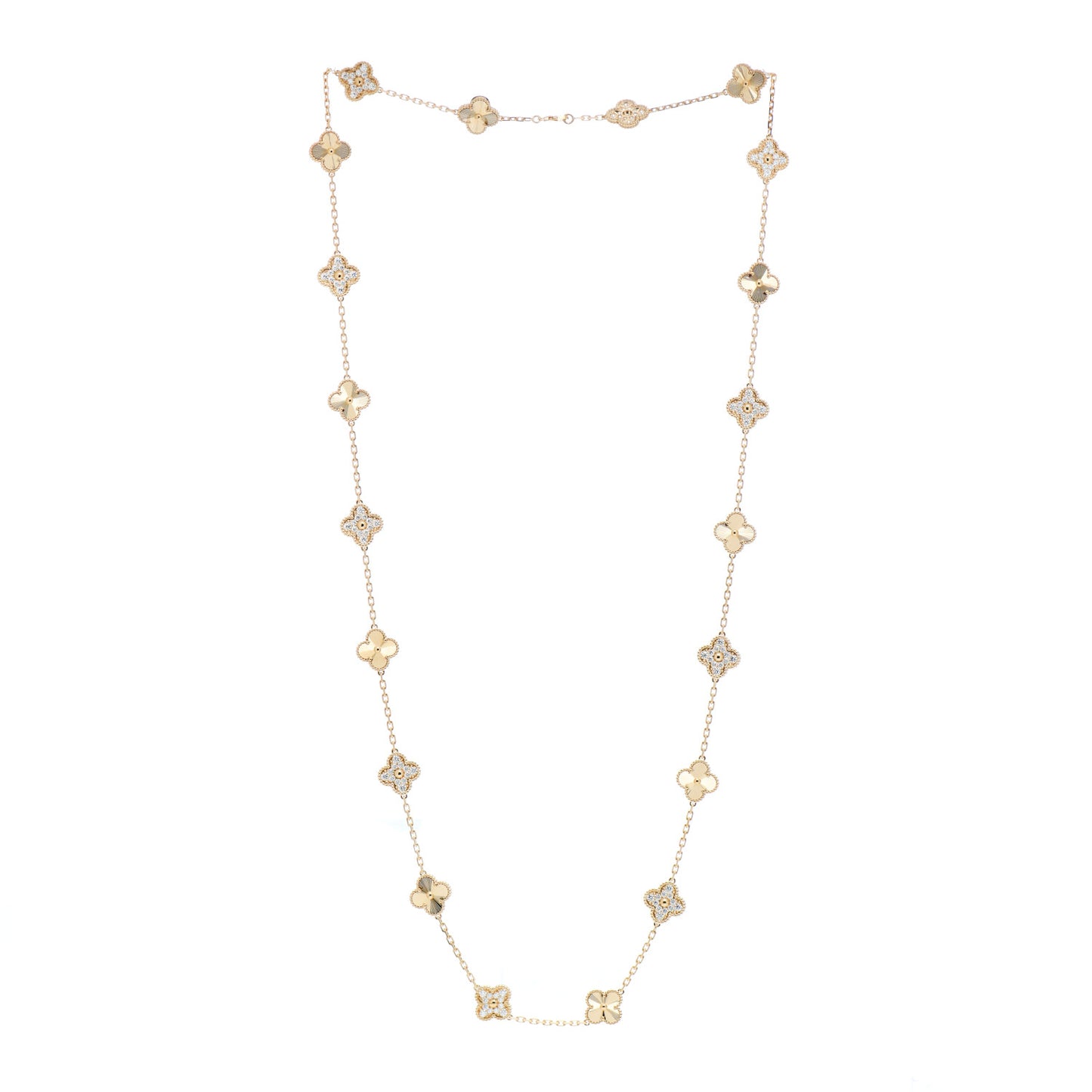 18K Yellow Gold Diamond 20 Motifs Guilloche Vintage Alhambra Necklace