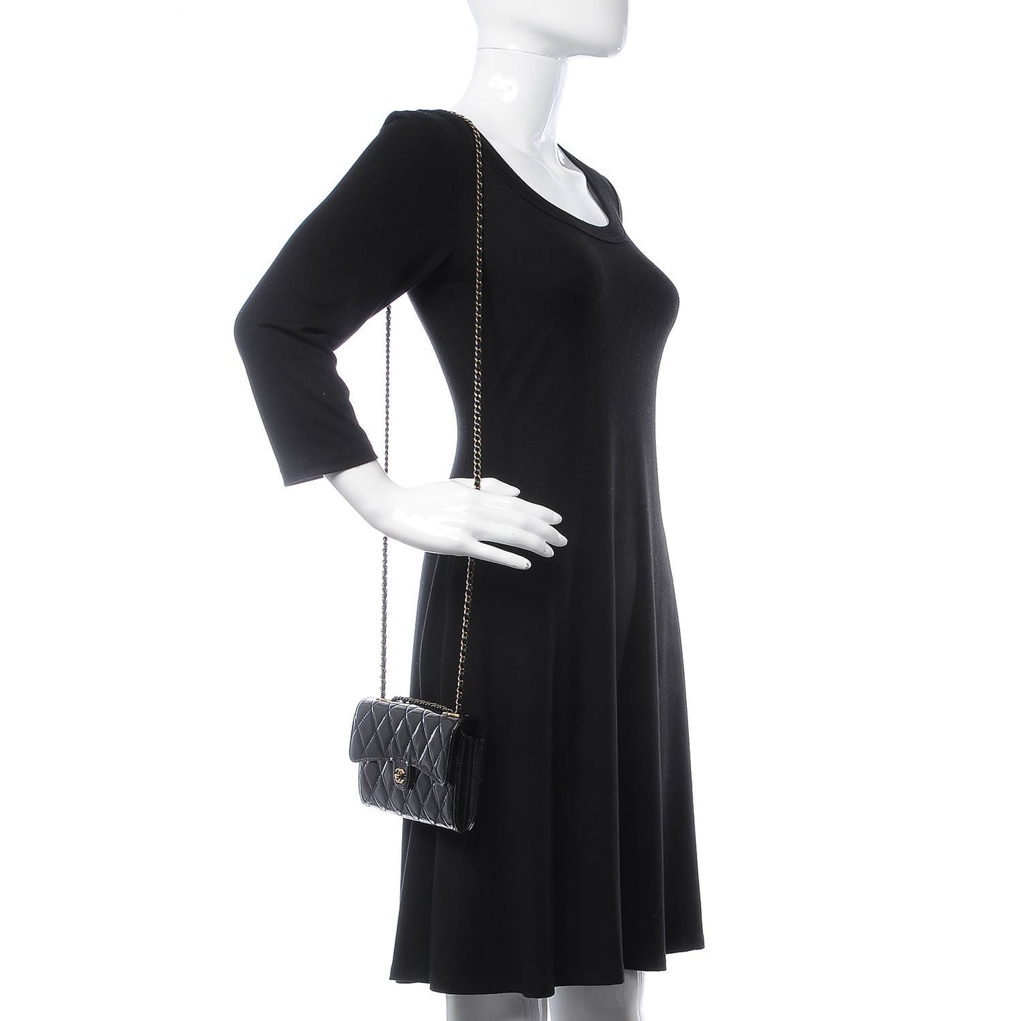 Patent Goatskin Quilted Small CC Eyelet Wallet On Chain WOC Black