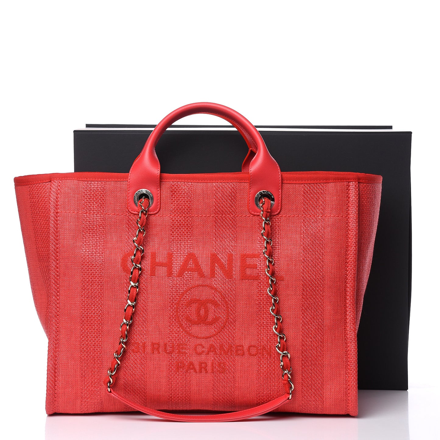 Straw Raffia Calfskin Striped Large Deauville Tote Red