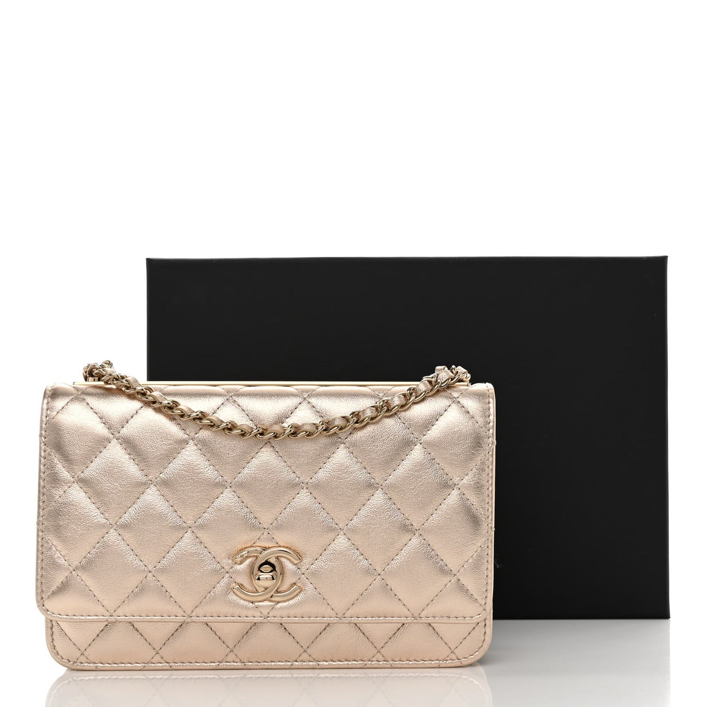 Metallic Lambskin Quilted Trendy CC Wallet On Chain WOC Gold
