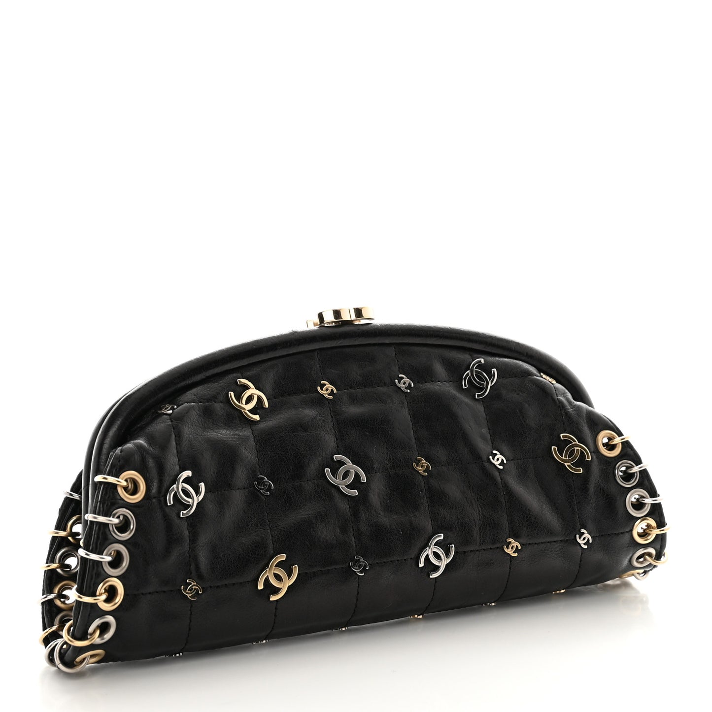 Calfskin Square Quilted Grommet Embellished Piercing Chic Clutch Black