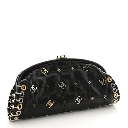 Chanel Calfskin Square Quilted Grommet Embellished Piercing Chic Clutch Black 3 of 15