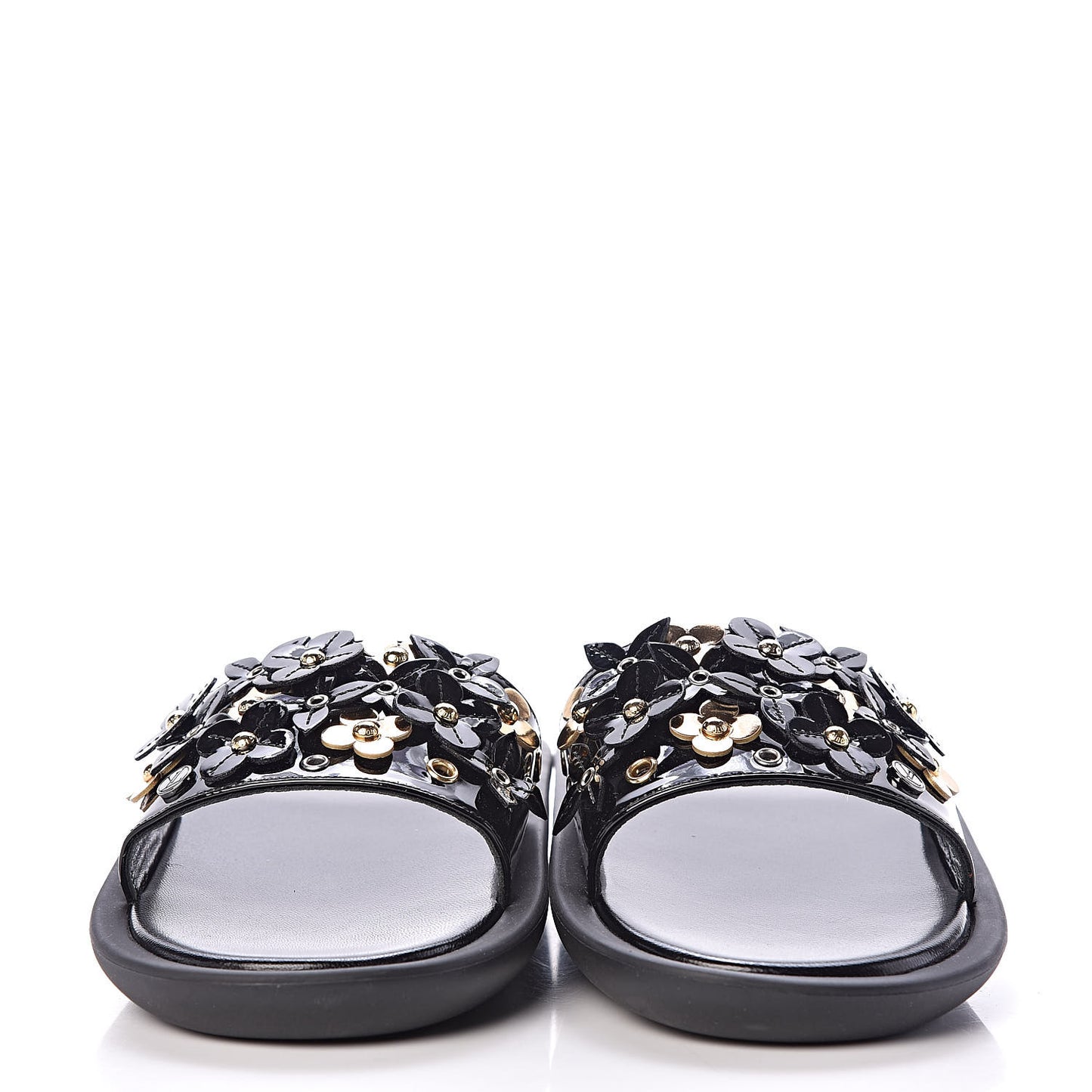 Patent Sunbath Flower Slide Sandals 36 Black