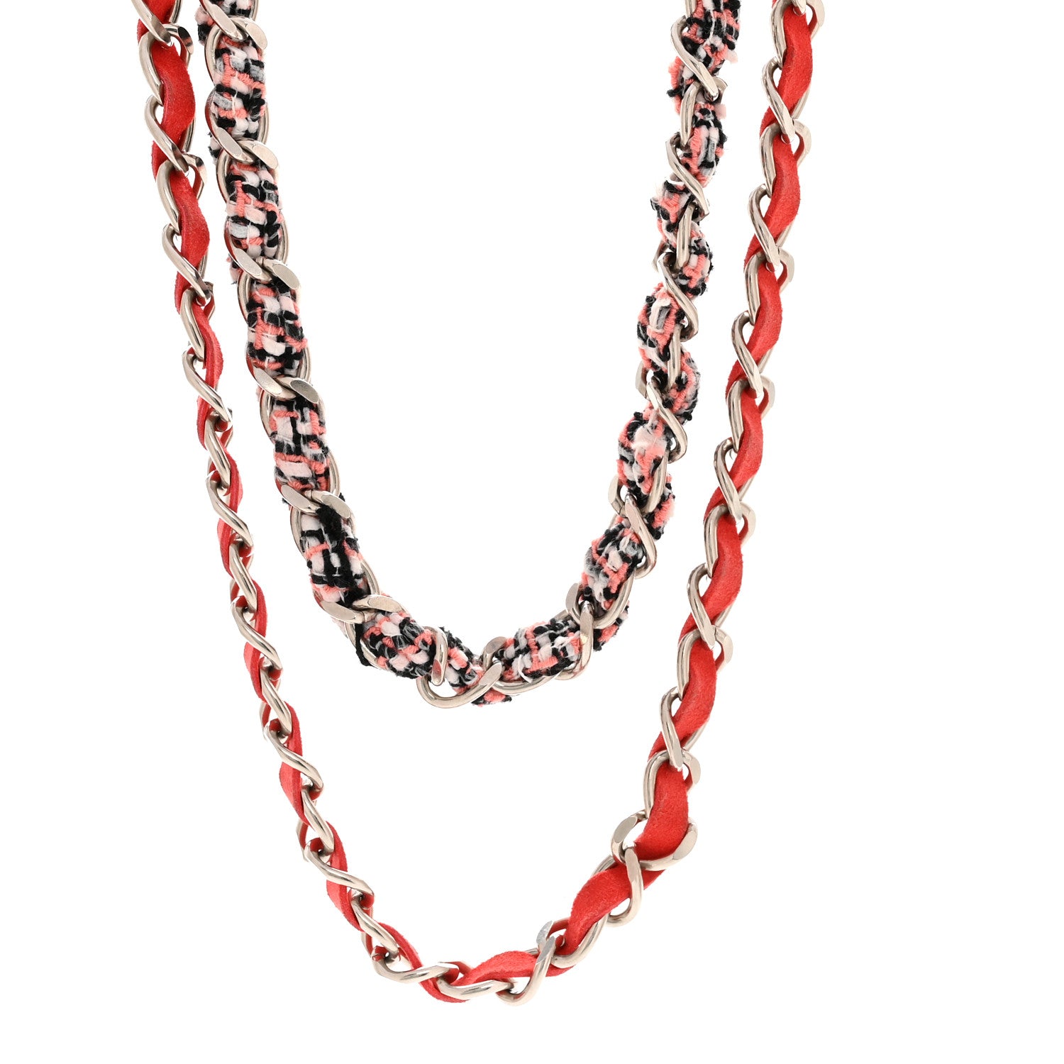 Chanel Metal Tweed Suede Chain CC Clover Necklace Silver Pink 1 of 6