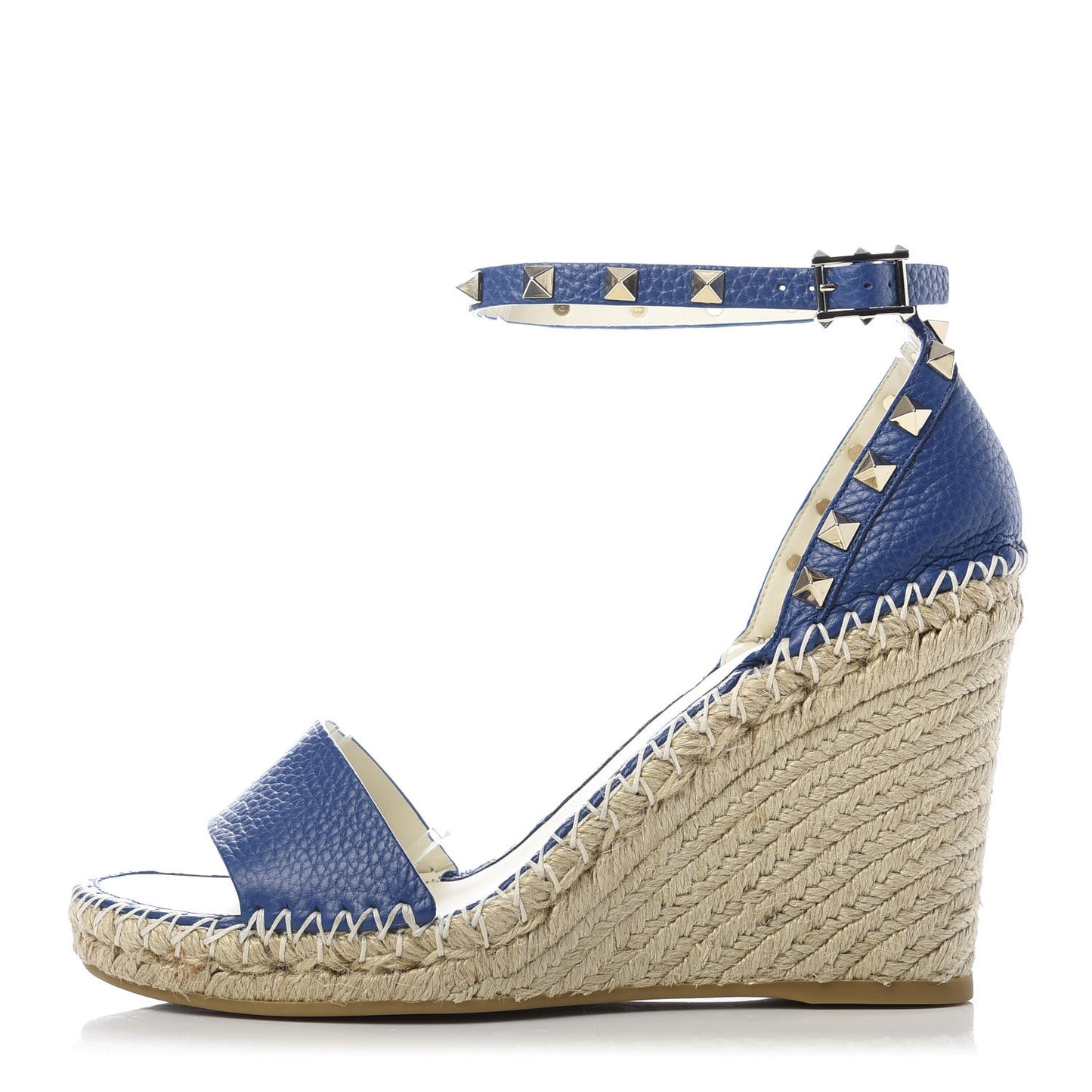 Grained Calfskin Rockstud Ankle Strap Espadrille 15/105mm Wedge Sandals 39 Blu Delft Natural