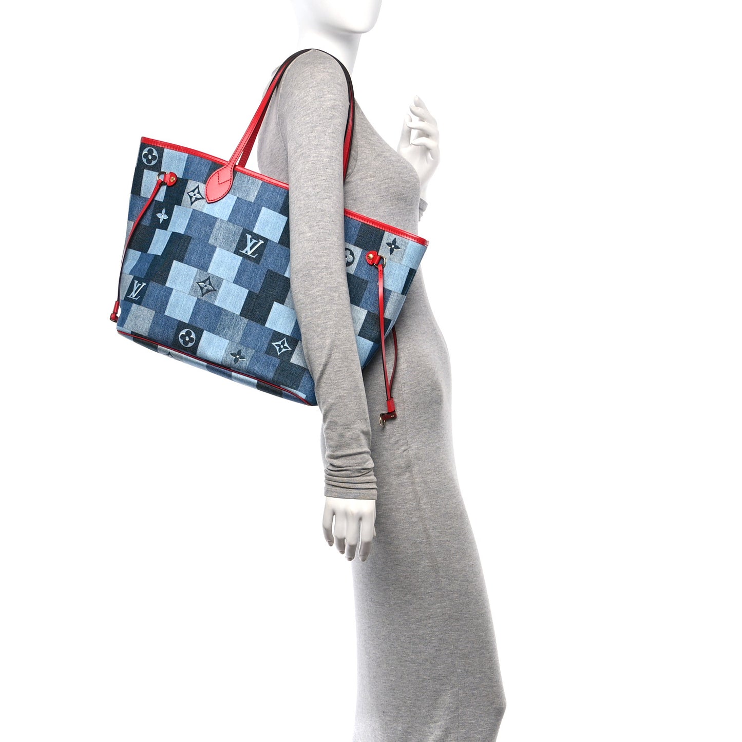 Denim Damier Monogram Patchwork Neverfull Blue Rouge