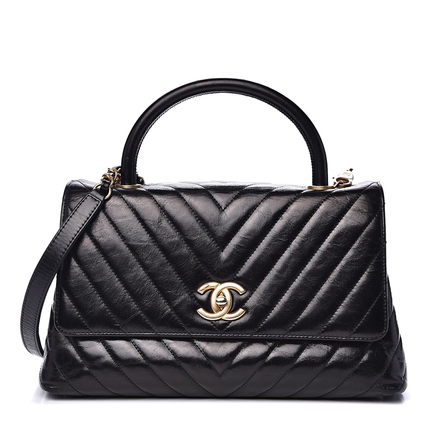 Calfskin Chevron Quilted Small Coco Handle Flap Black