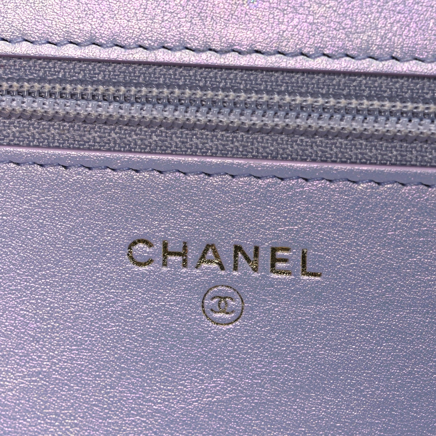 Iridescent Calfskin Quilted Chanel 19 Wallet On Chain WOC Light Purple