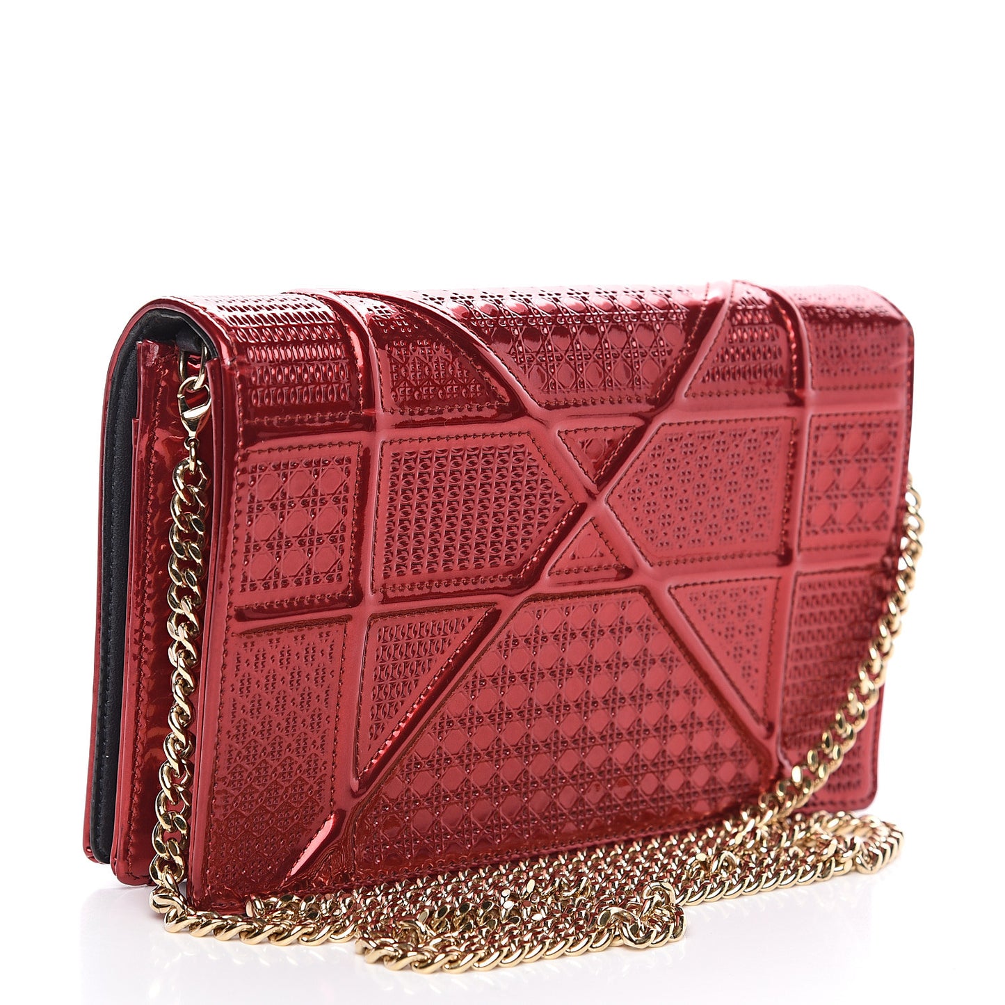 Metallic Patent Micro-Cannage Diorama Wallet on Chain Pouch Red