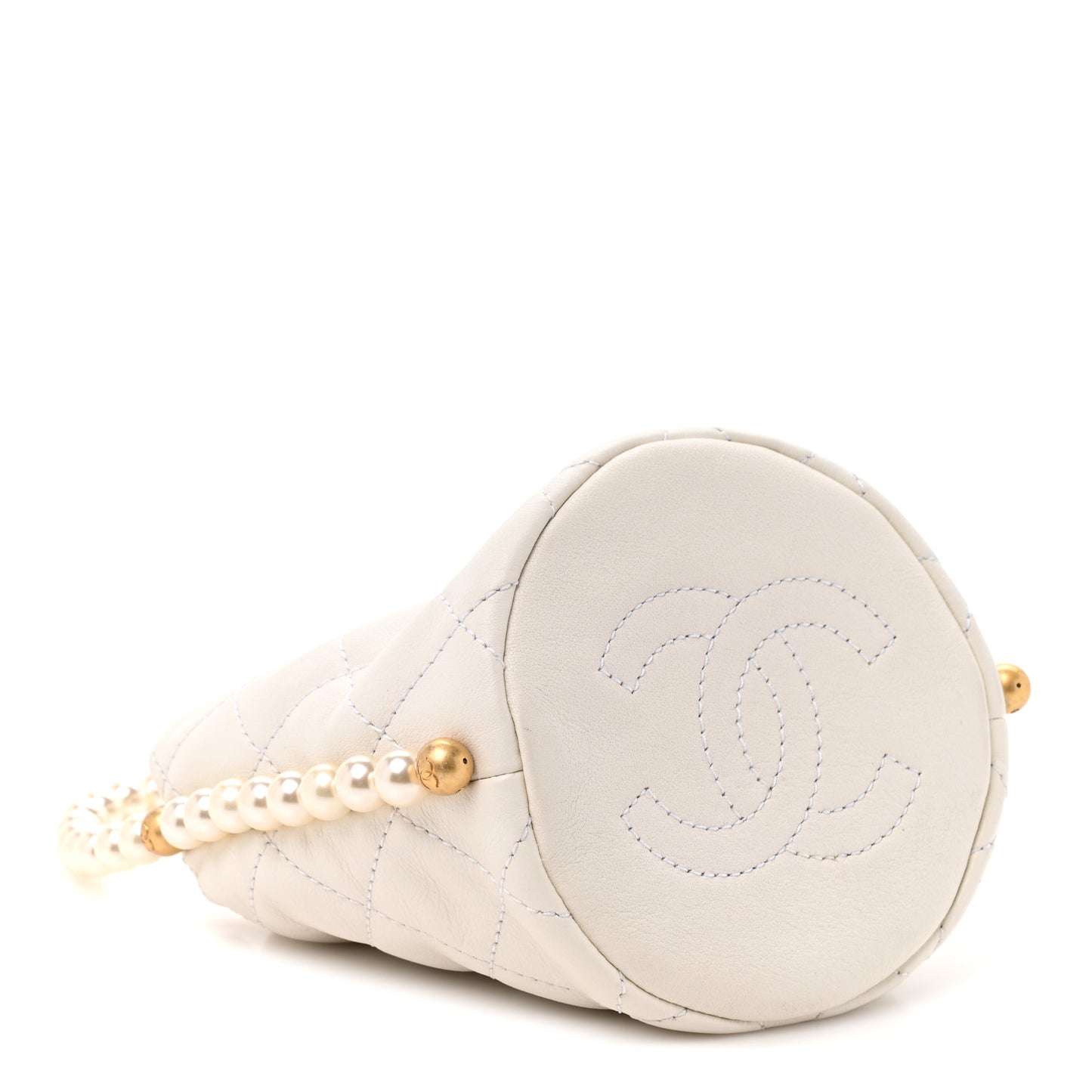 Calfskin Quilted Pearl Mini About Pearls Drawstring Bucket Bag White