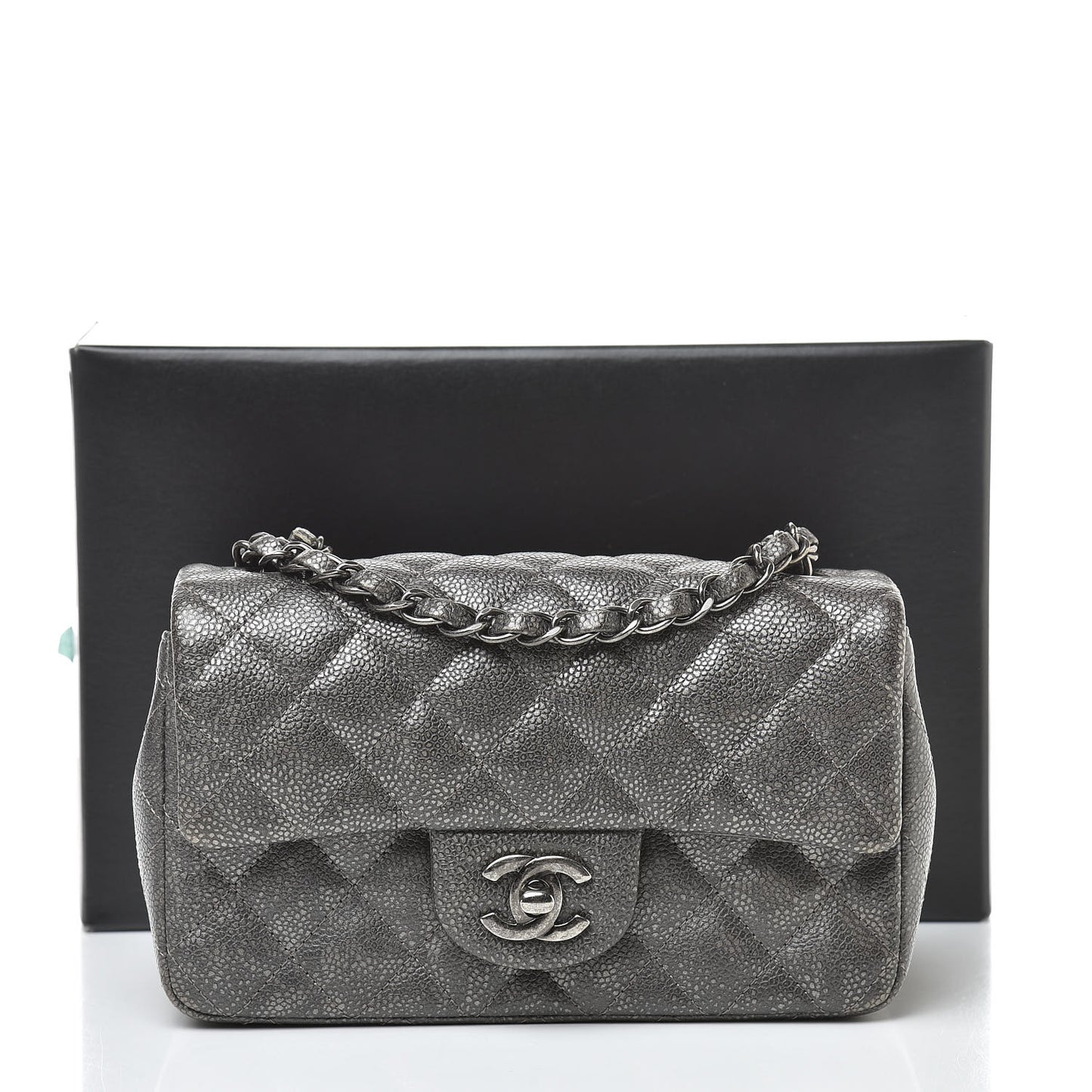 Metallic Caviar Quilted Mini Rectangular Flap Dark Silver