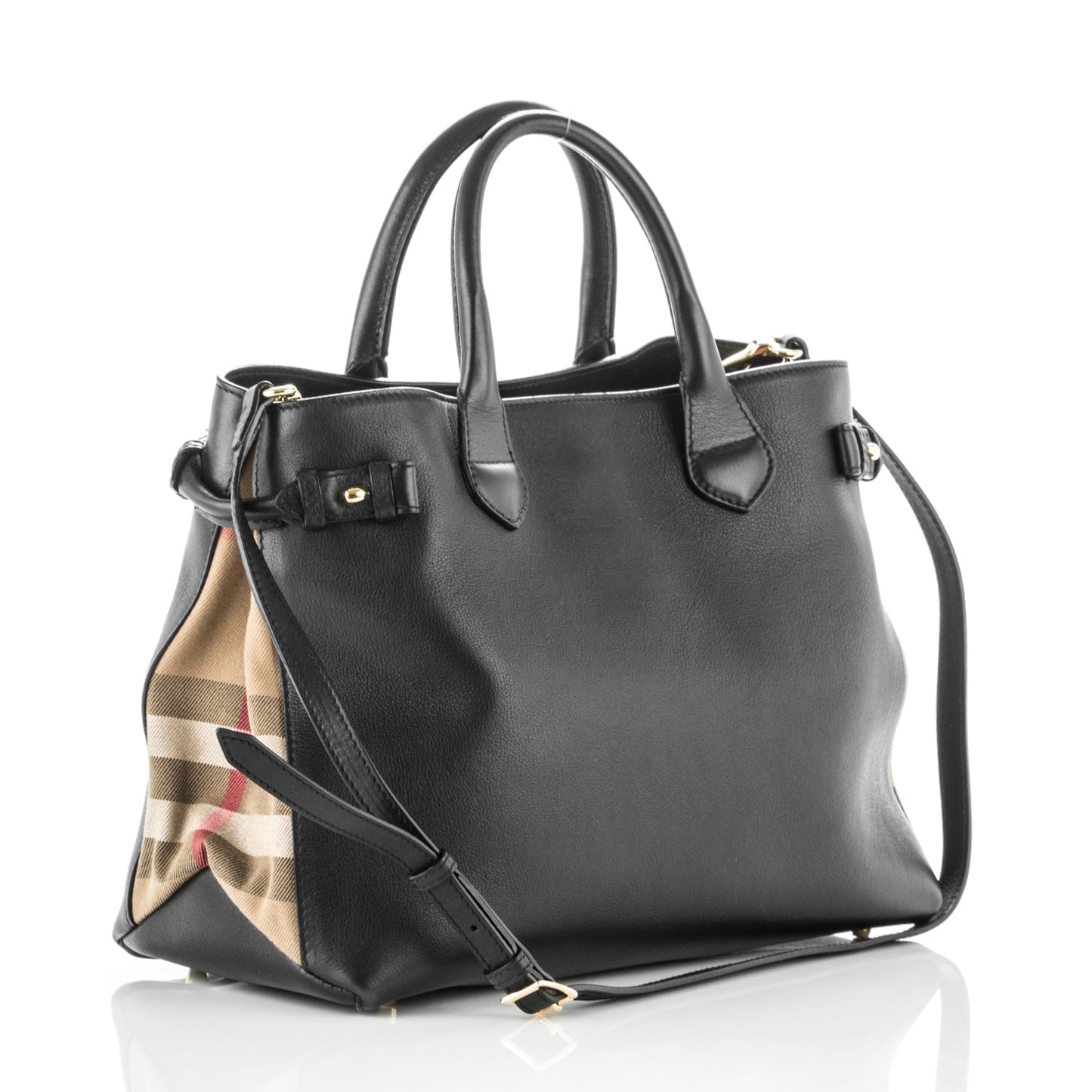 Calfskin House Check Medium Banner Tote Black