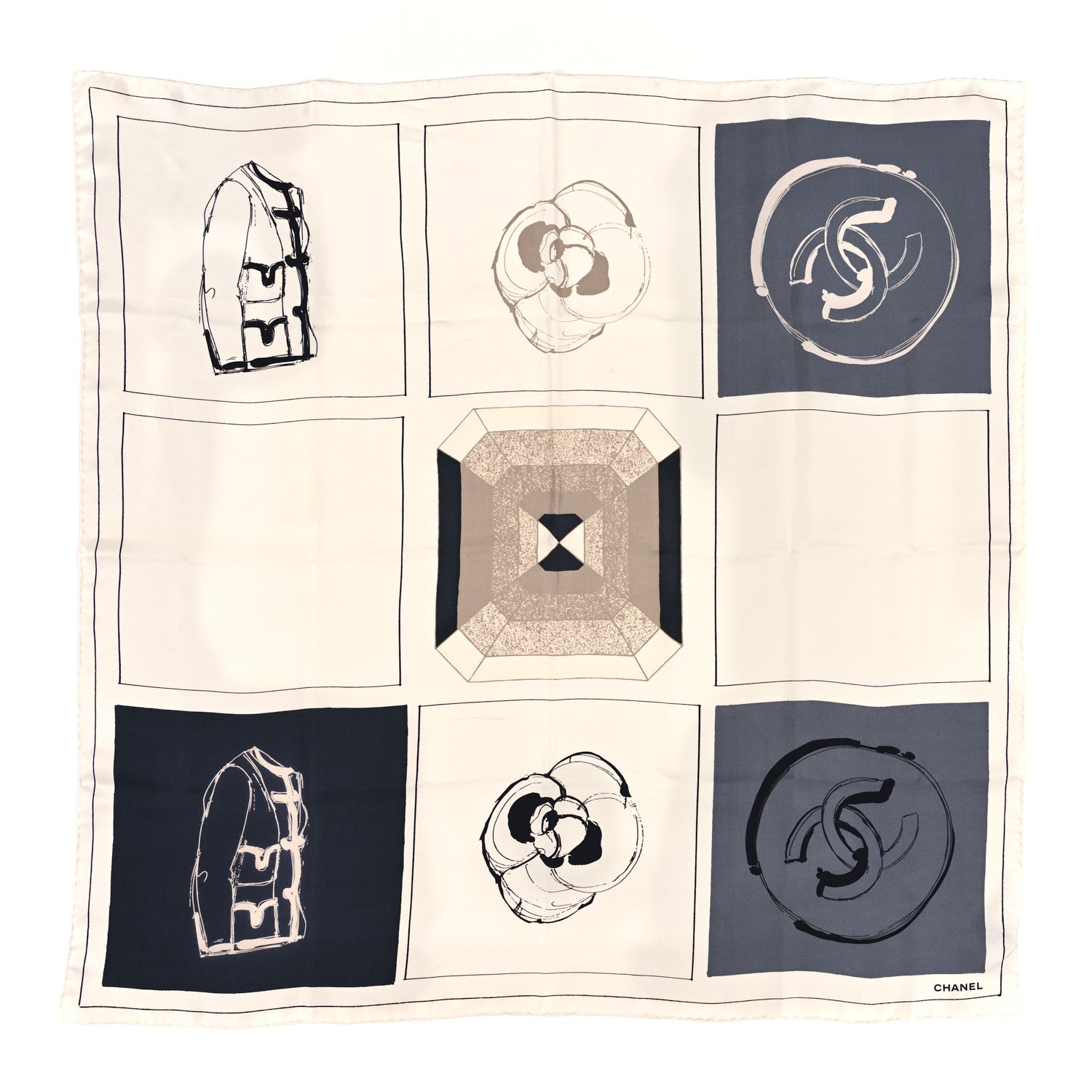 Chanel Silk Camellia Jacket Flower Print Scarf Dark White 1 of 3