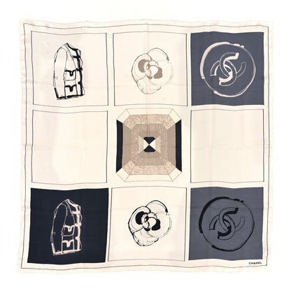 Chanel Silk Camellia Jacket Flower Print Scarf Dark White 1 of 3