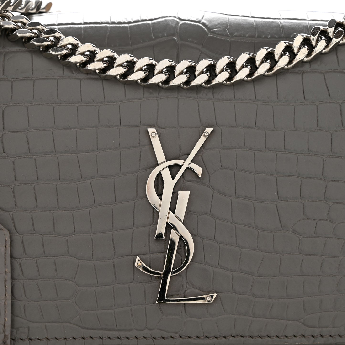 Calfskin Crocodile Embossed Medium Monogram Sunset Fog