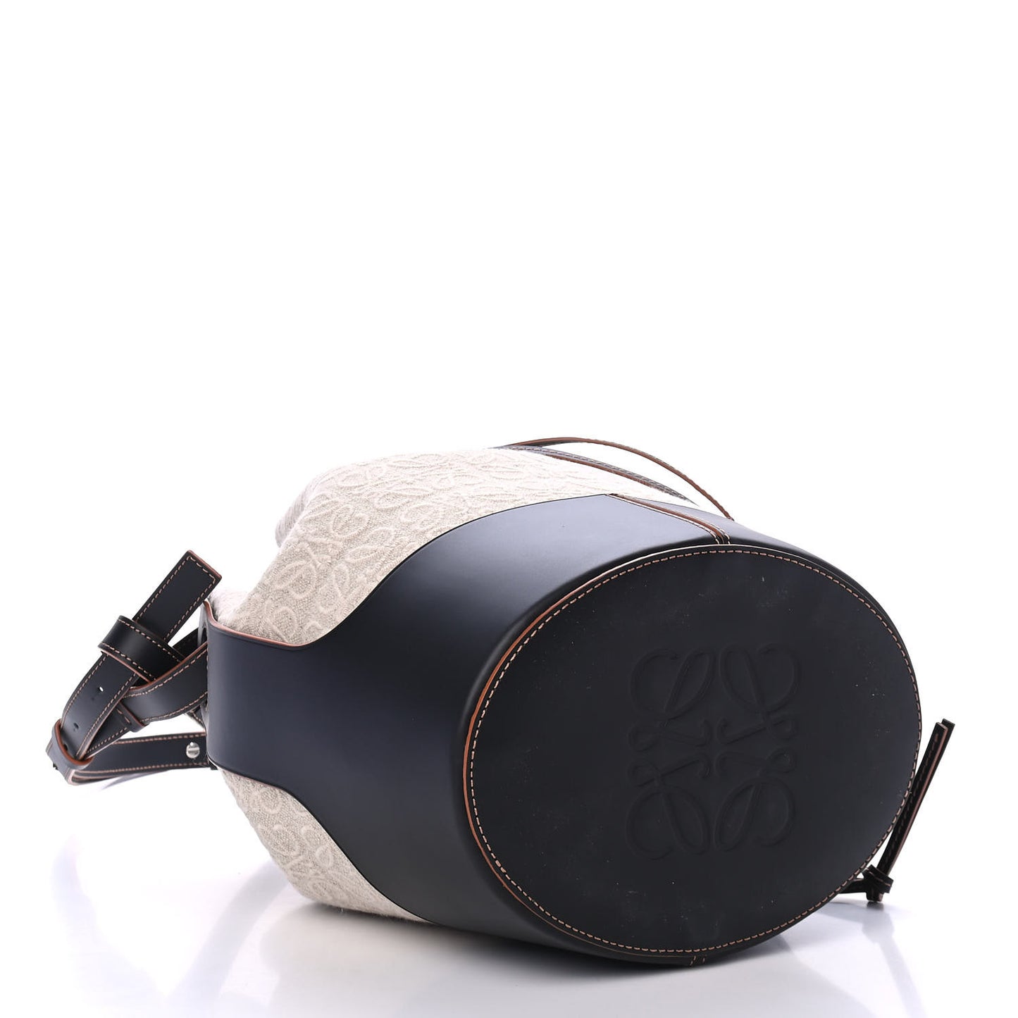 Calfskin Jacquard Linen Anagram Embroidered Balloon Bucket Bag Natural Black