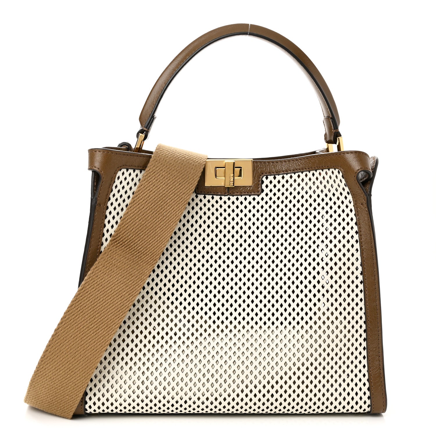 Fendi Vitello Liberty Glossy Lambskin Perforated Medium Peekaboo X-Lite White Ice Rust Maya 1 of 10